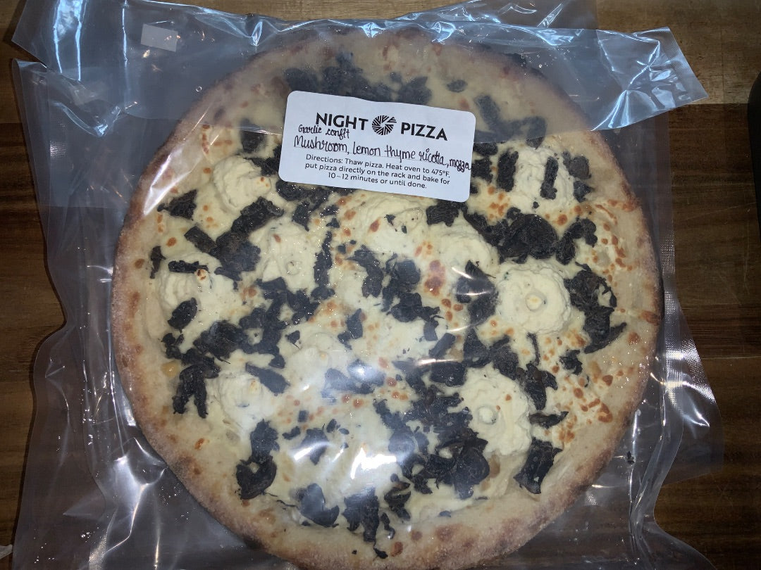 The Night Oven - Pizza - Garlic Confit, Mushroom, Lemon Thyme Ricotta, Mozza