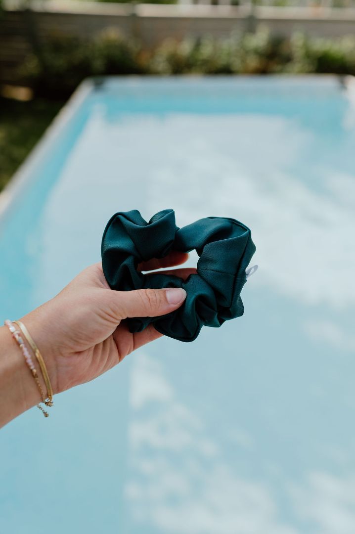 Teal SWIM Scrunchie Created Mother handmade & curated by Tanis Harder based out of Winnipeg, MB., Large