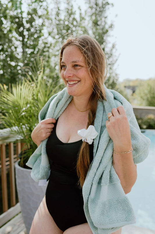 White SWIM Scrunchie Created Mother handmade & curated by Tanis Harder based out of Winnipeg, MB., Large